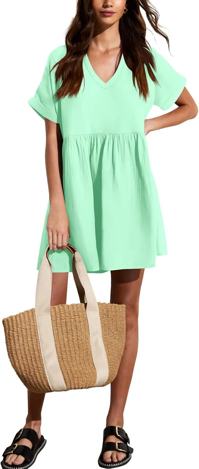 liher Womens Casual Summer Dress Rolled Up Short Sleeve V Neck Tunic Dress Loose T Shirt Dress