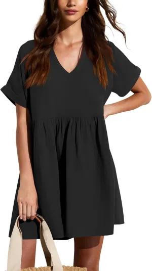 liher Womens Casual Summer Dress Rolled Up Short Sleeve V Neck Tunic Dress Loose T Shirt Dress