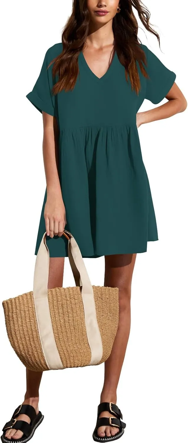 liher Womens Casual Summer Dress Rolled Up Short Sleeve V Neck Tunic Dress Loose T Shirt Dress