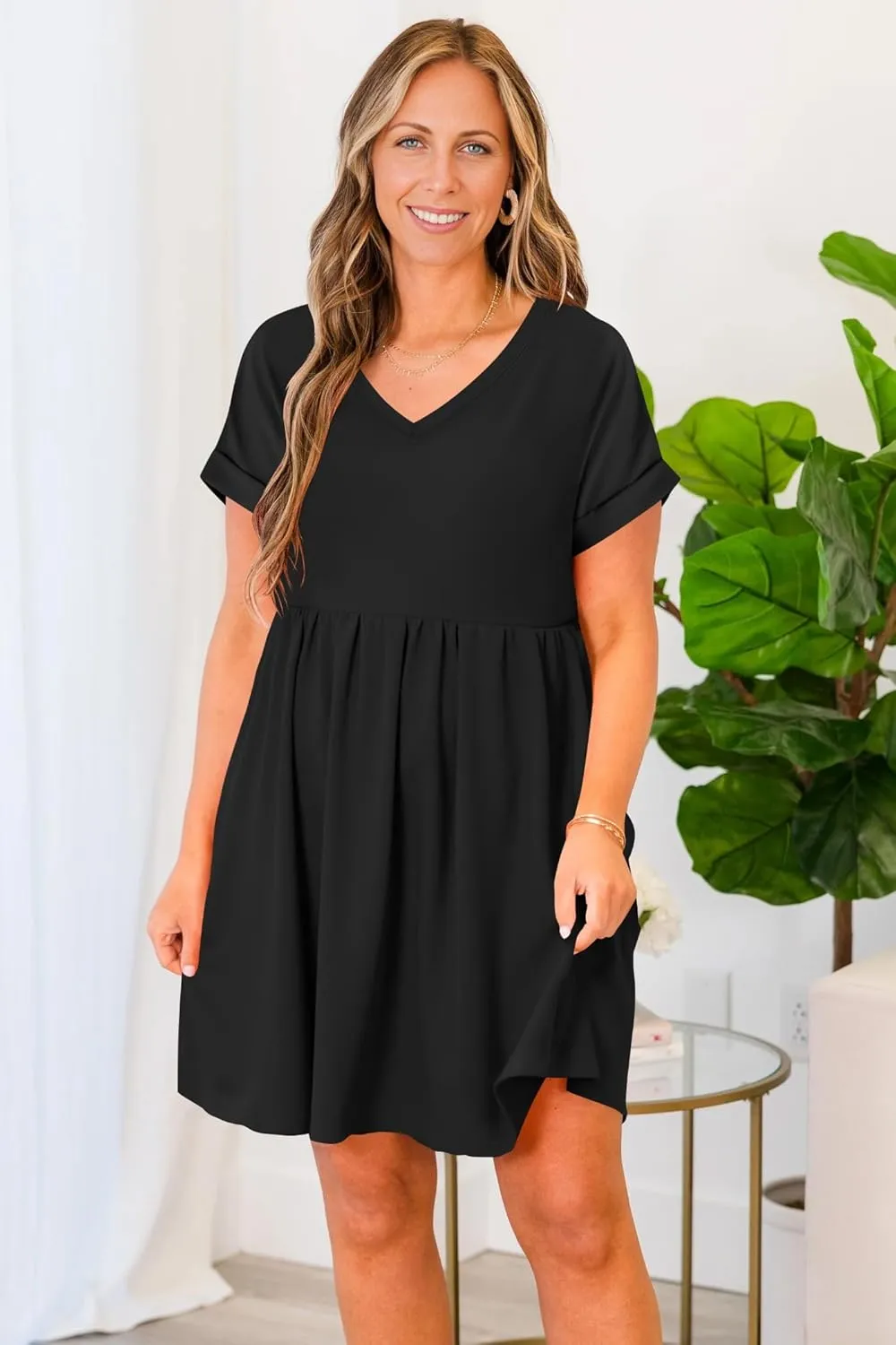 liher Womens Casual Summer Dress Rolled Up Short Sleeve V Neck Tunic Dress Loose T Shirt Dress