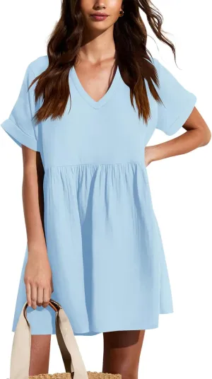 liher Womens Casual Summer Dress Rolled Up Short Sleeve V Neck Tunic Dress Loose T Shirt Dress