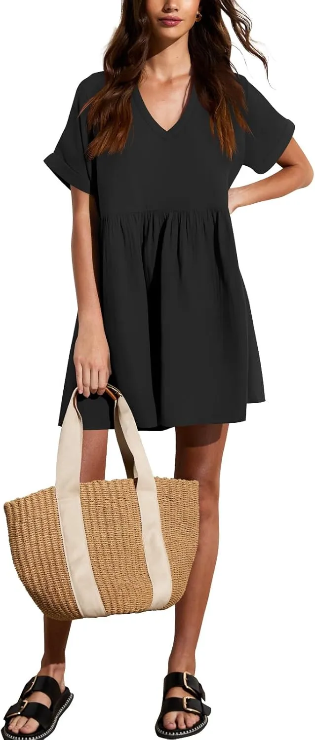liher Womens Casual Summer Dress Rolled Up Short Sleeve V Neck Tunic Dress Loose T Shirt Dress