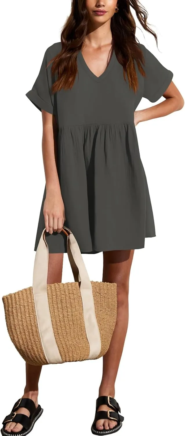 liher Womens Casual Summer Dress Rolled Up Short Sleeve V Neck Tunic Dress Loose T Shirt Dress