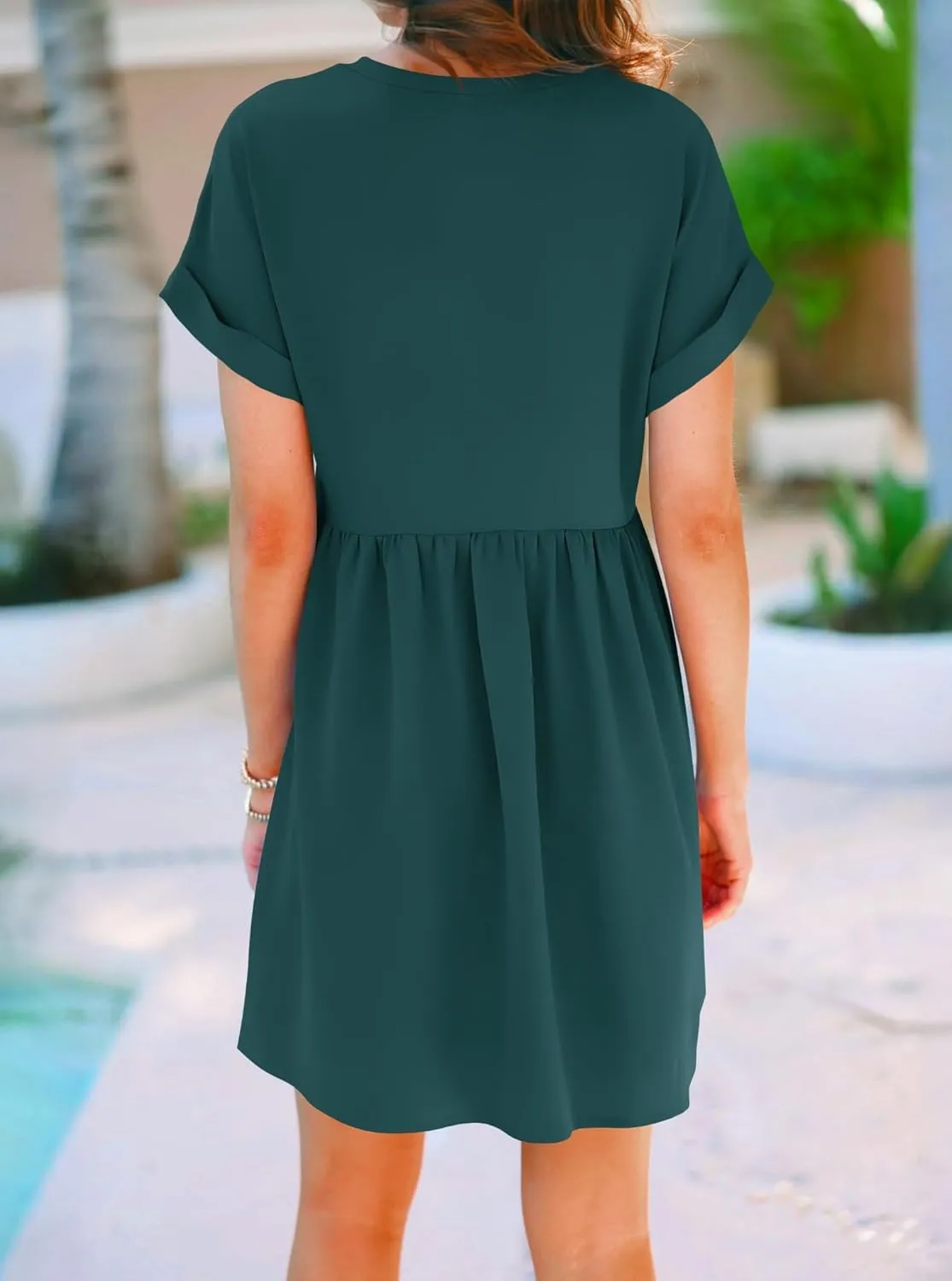 liher Womens Casual Summer Dress Rolled Up Short Sleeve V Neck Tunic Dress Loose T Shirt Dress