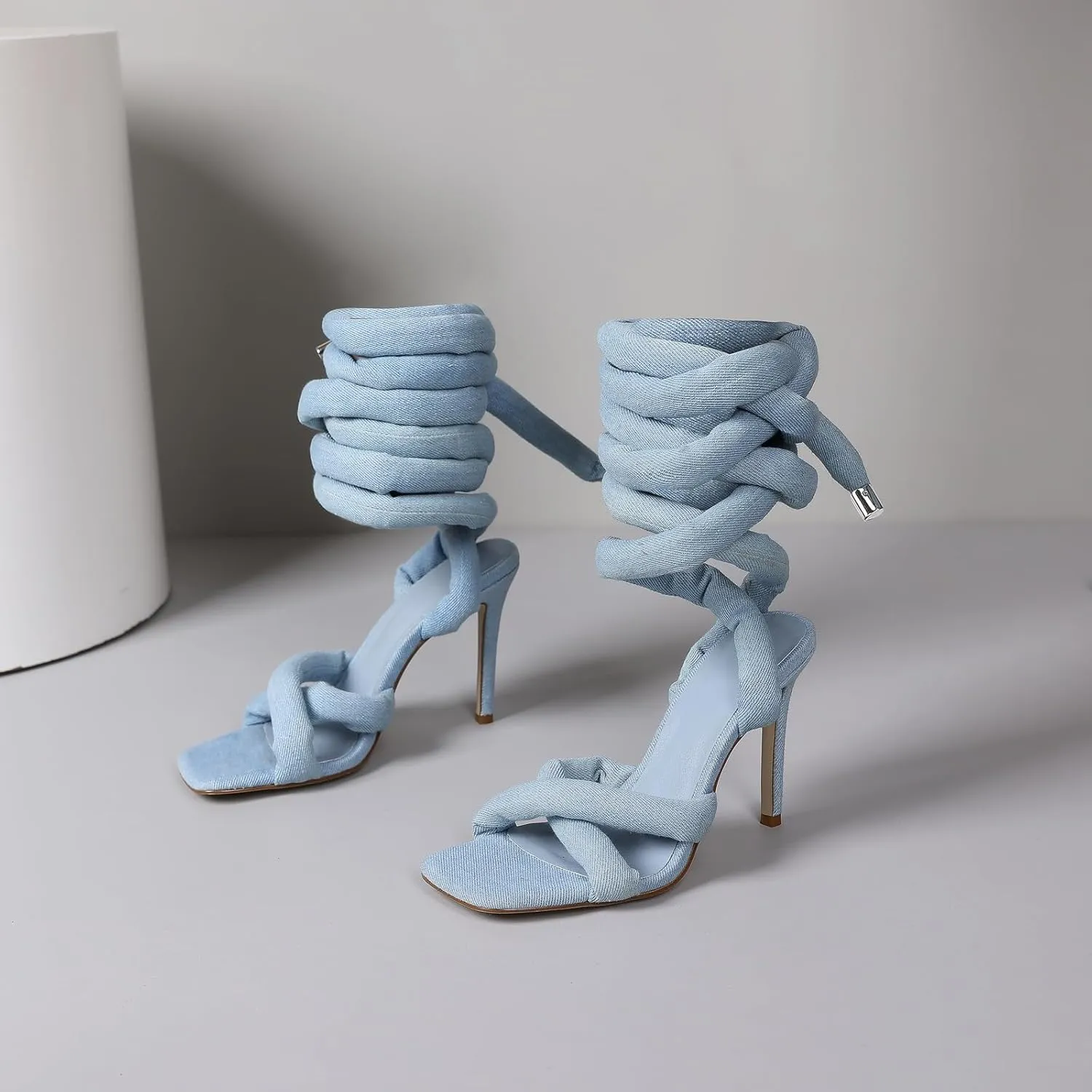 LingxiaUne Lace Up Heels Strappy Heels With Sexy Open Toe Square Stiletto Heel Sandals Fashionable Elegant