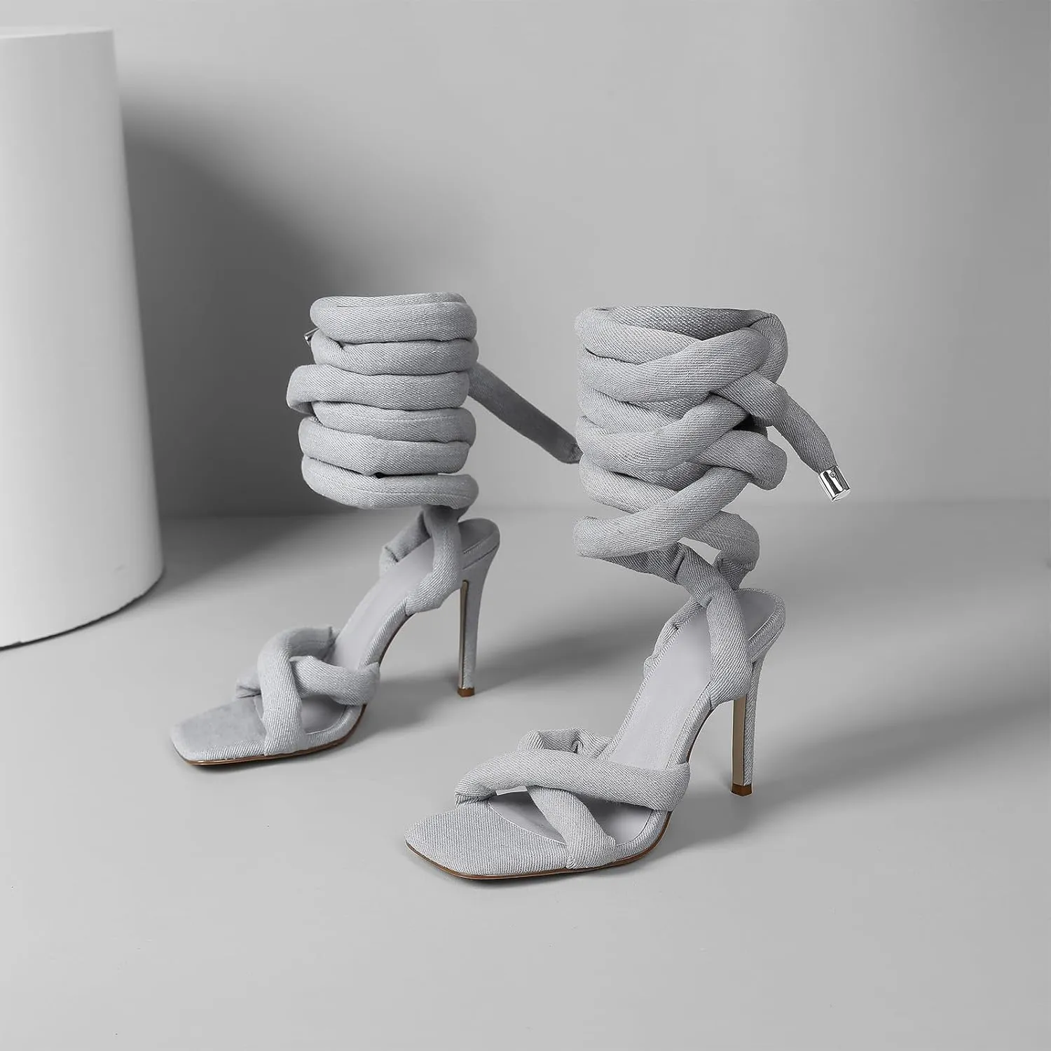 LingxiaUne Lace Up Heels Strappy Heels With Sexy Open Toe Square Stiletto Heel Sandals Fashionable Elegant