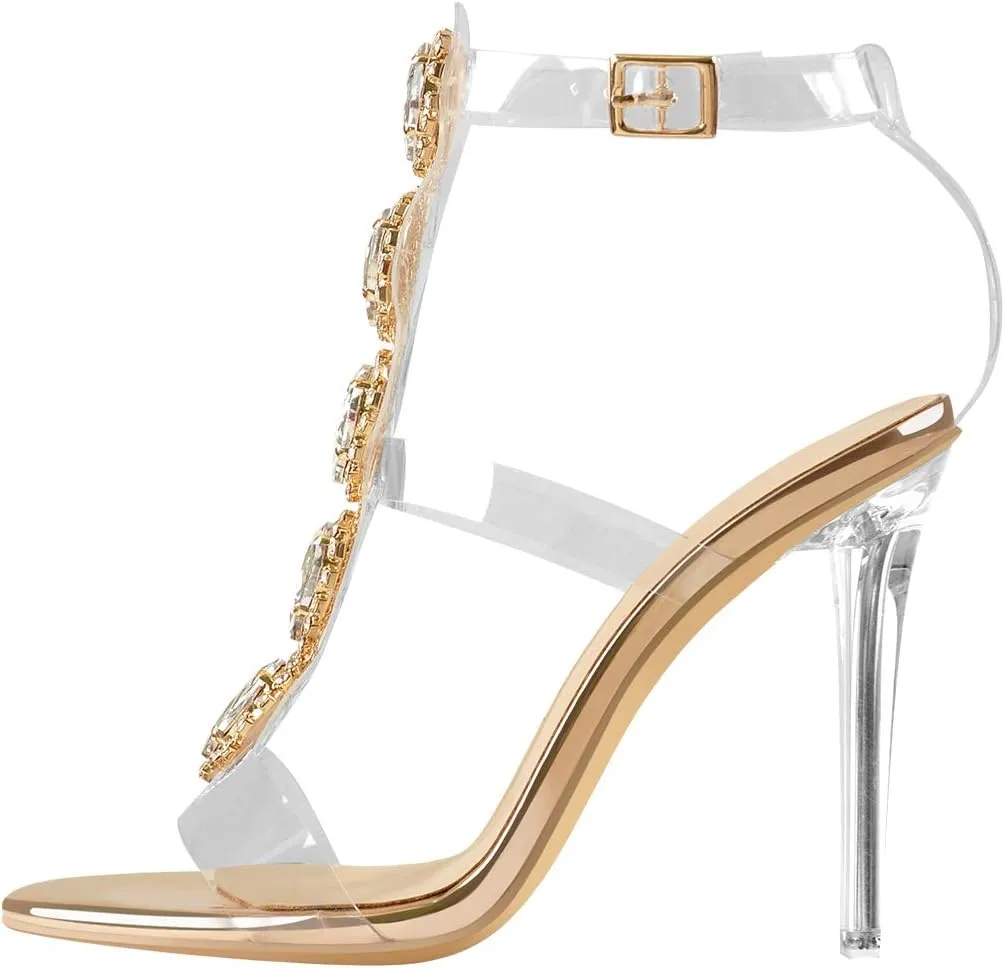 LISHAN Clear Rhinestone Heels for Women Gladiator Strappy Transparent Ankle Strap Crystal Sandals Open Toe Stiletto Heels