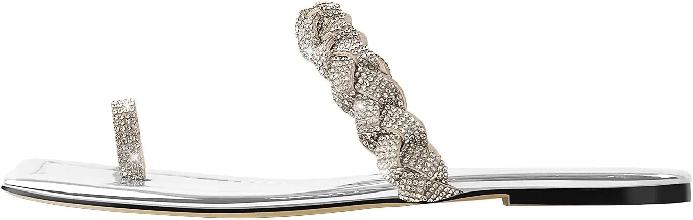 LISHAN Women's Toe Ring Rhinestones Studded Slip On Summer Flats Sandals