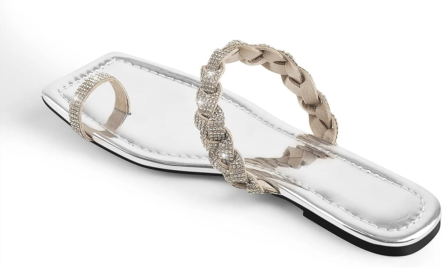 LISHAN Women's Toe Ring Rhinestones Studded Slip On Summer Flats Sandals