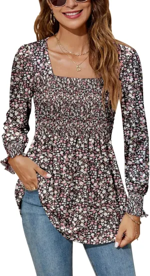 LOMON Blouses for Women Puff Long Sleeve Shirts Square Neck Casual Smocked Tunic Tops 2024 Spring Fall Winter Clothes S-XL