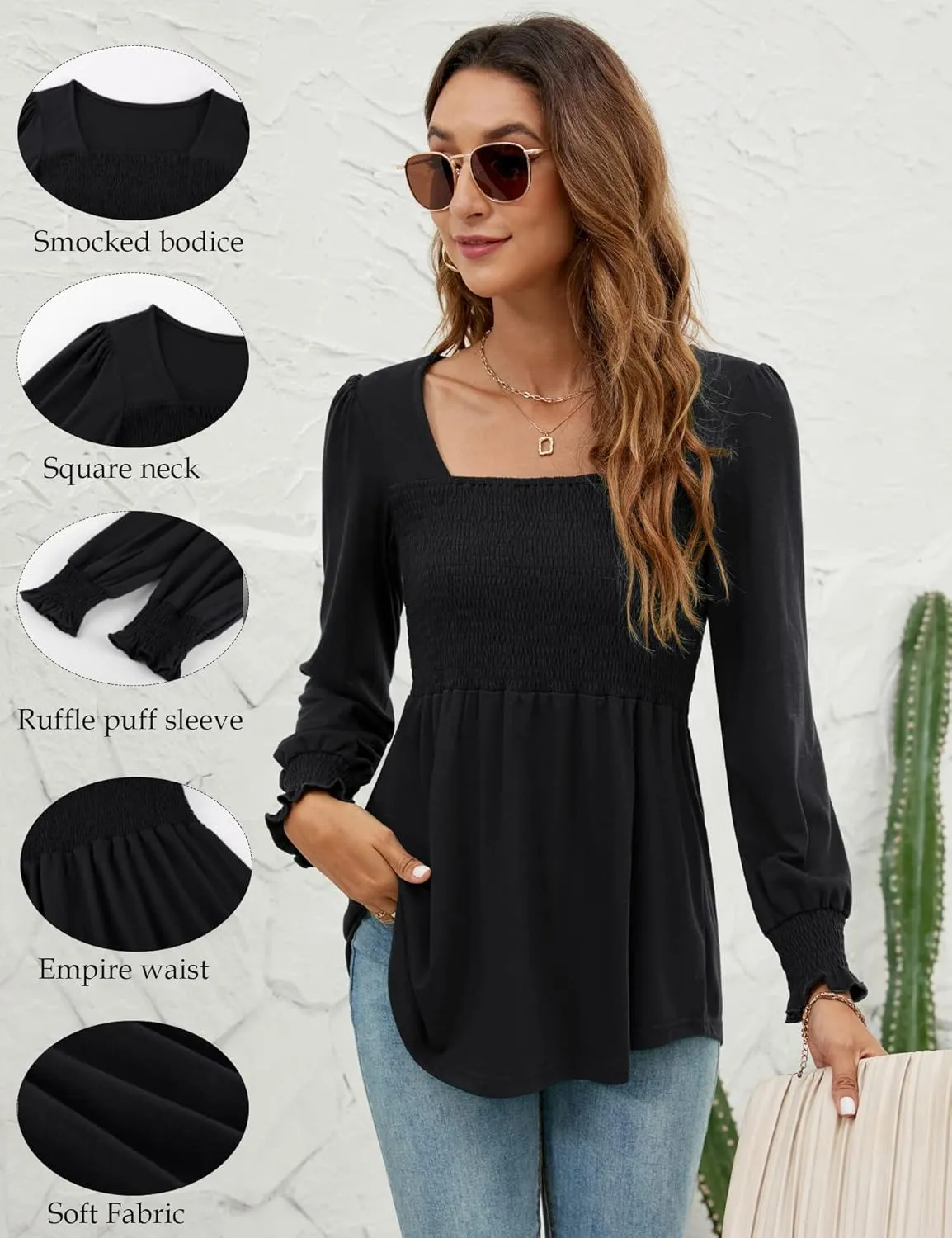 LOMON Blouses for Women Puff Long Sleeve Shirts Square Neck Casual Smocked Tunic Tops 2024 Spring Fall Winter Clothes S-XL