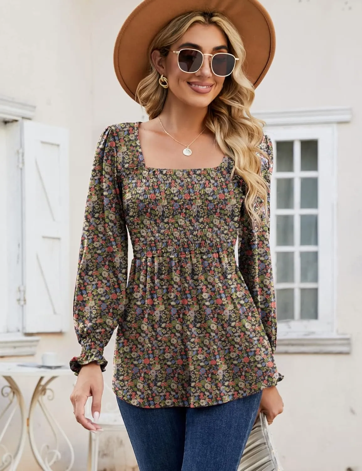 LOMON Blouses for Women Puff Long Sleeve Shirts Square Neck Casual Smocked Tunic Tops 2024 Spring Fall Winter Clothes S-XL