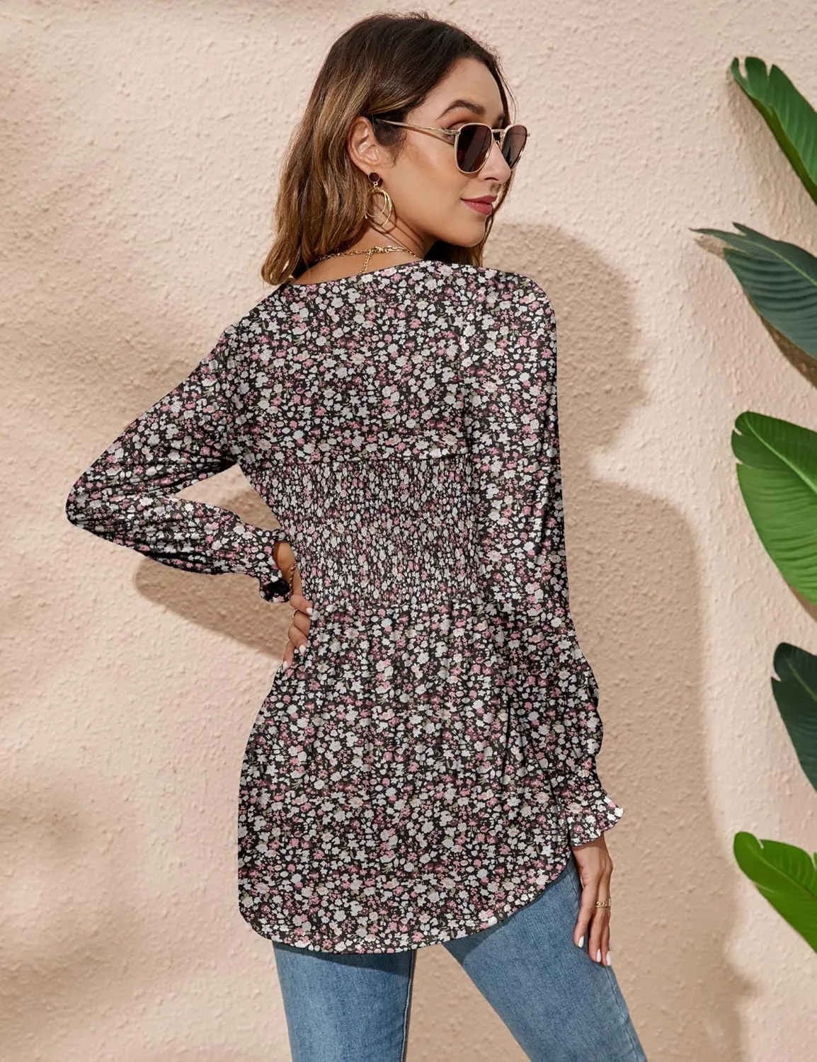 LOMON Blouses for Women Puff Long Sleeve Shirts Square Neck Casual Smocked Tunic Tops 2024 Spring Fall Winter Clothes S-XL