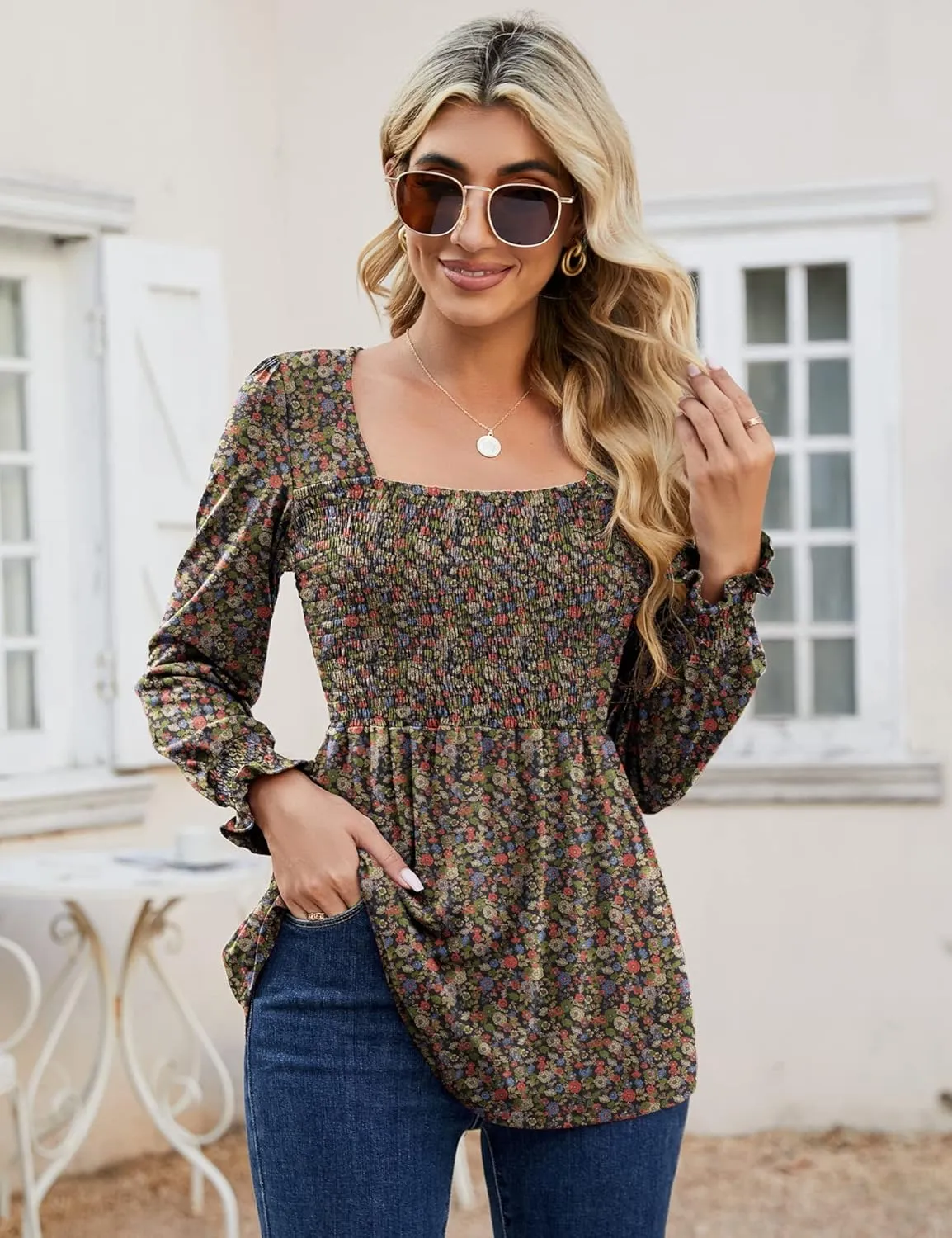 LOMON Blouses for Women Puff Long Sleeve Shirts Square Neck Casual Smocked Tunic Tops 2024 Spring Fall Winter Clothes S-XL