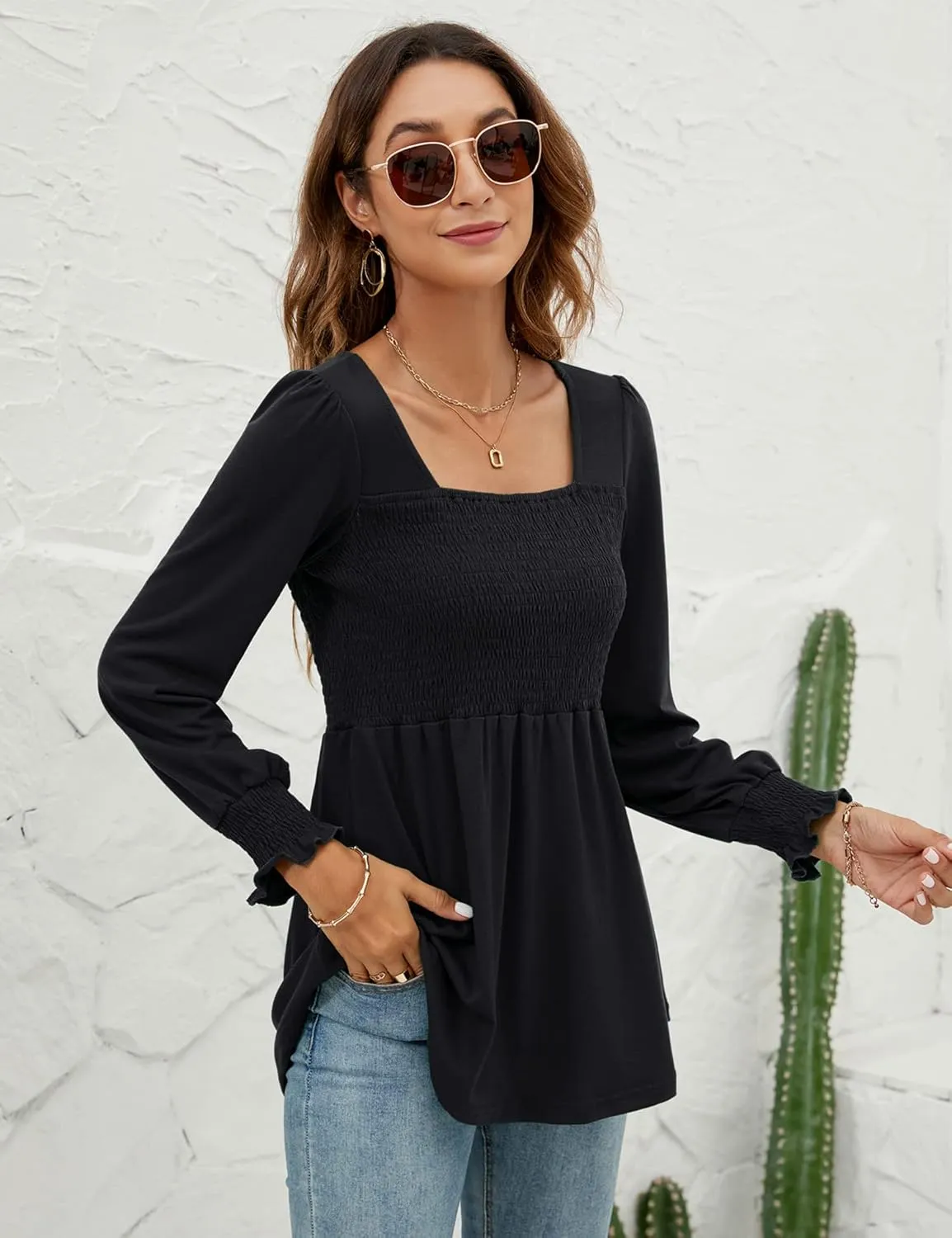 LOMON Blouses for Women Puff Long Sleeve Shirts Square Neck Casual Smocked Tunic Tops 2024 Spring Fall Winter Clothes S-XL