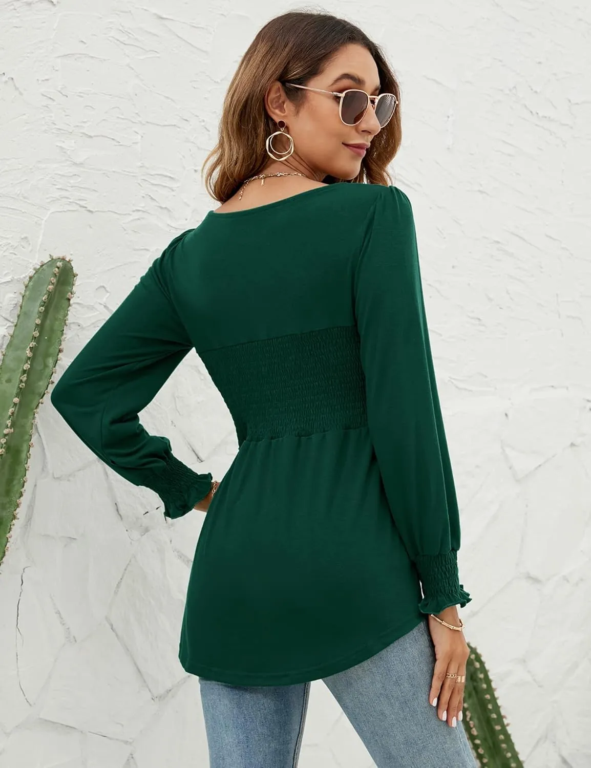 LOMON Blouses for Women Puff Long Sleeve Shirts Square Neck Casual Smocked Tunic Tops 2024 Spring Fall Winter Clothes S-XL