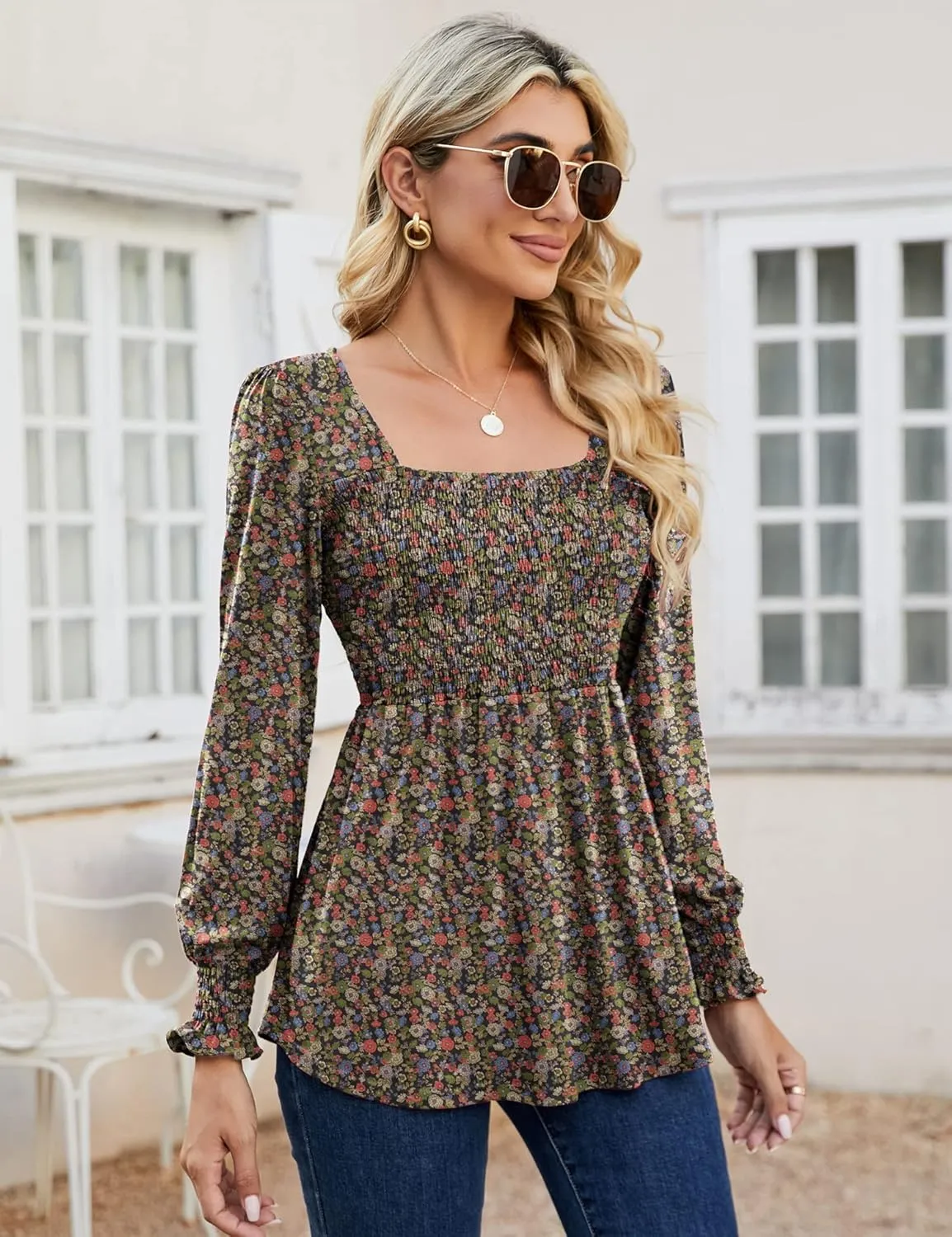 LOMON Blouses for Women Puff Long Sleeve Shirts Square Neck Casual Smocked Tunic Tops 2024 Spring Fall Winter Clothes S-XL