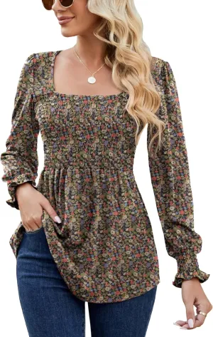 LOMON Blouses for Women Puff Long Sleeve Shirts Square Neck Casual Smocked Tunic Tops 2024 Spring Fall Winter Clothes S-XL