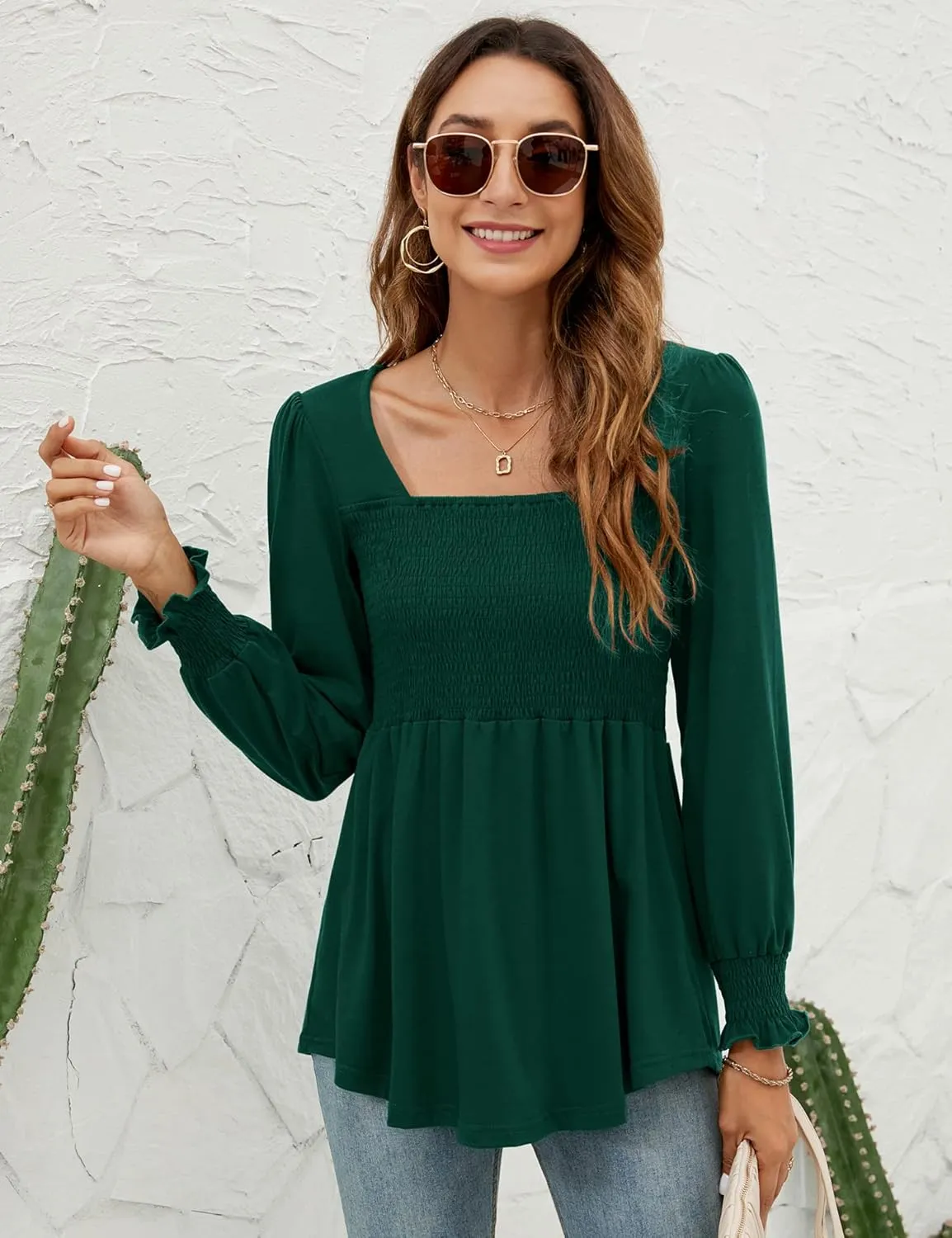 LOMON Blouses for Women Puff Long Sleeve Shirts Square Neck Casual Smocked Tunic Tops 2024 Spring Fall Winter Clothes S-XL
