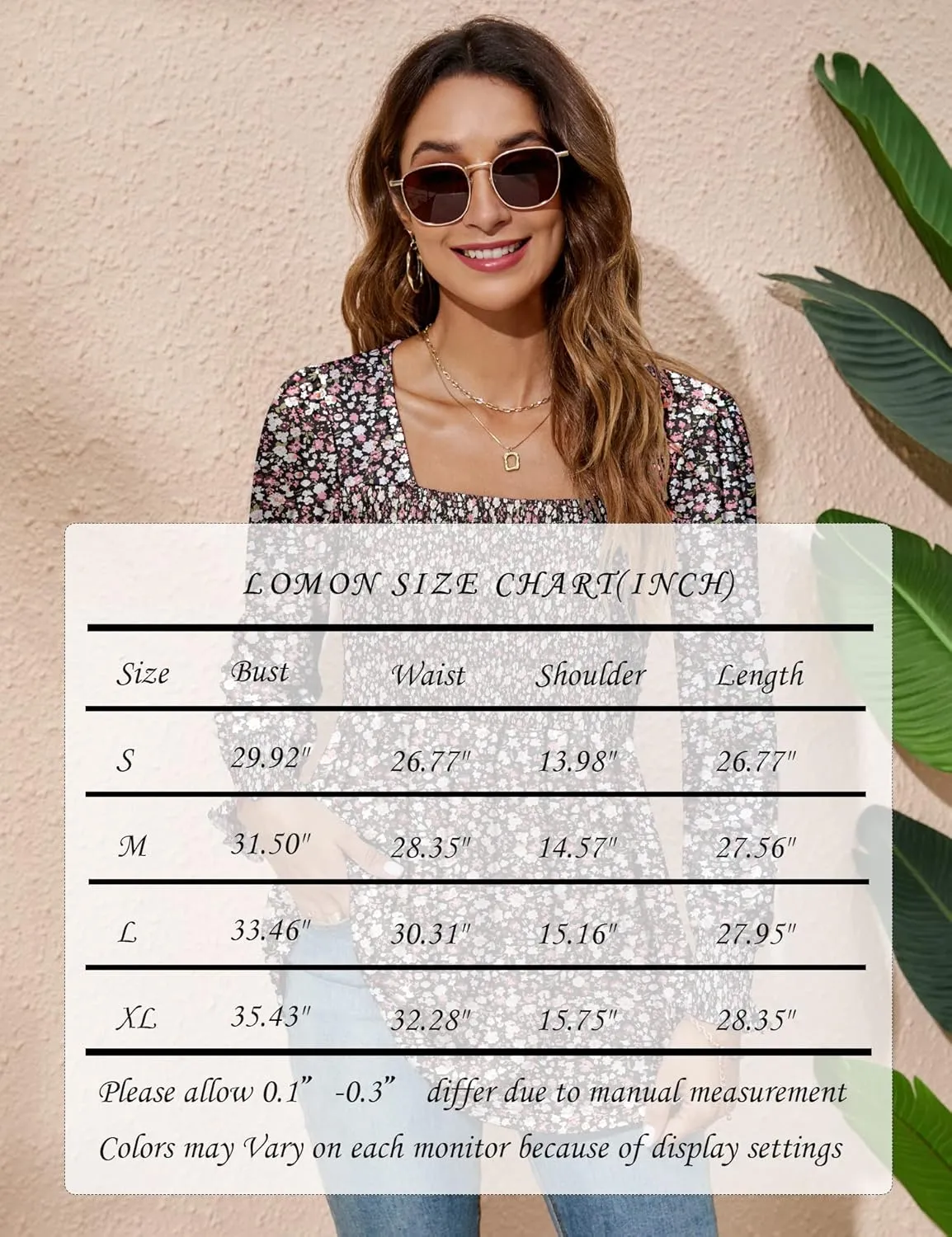LOMON Blouses for Women Puff Long Sleeve Shirts Square Neck Casual Smocked Tunic Tops 2024 Spring Fall Winter Clothes S-XL