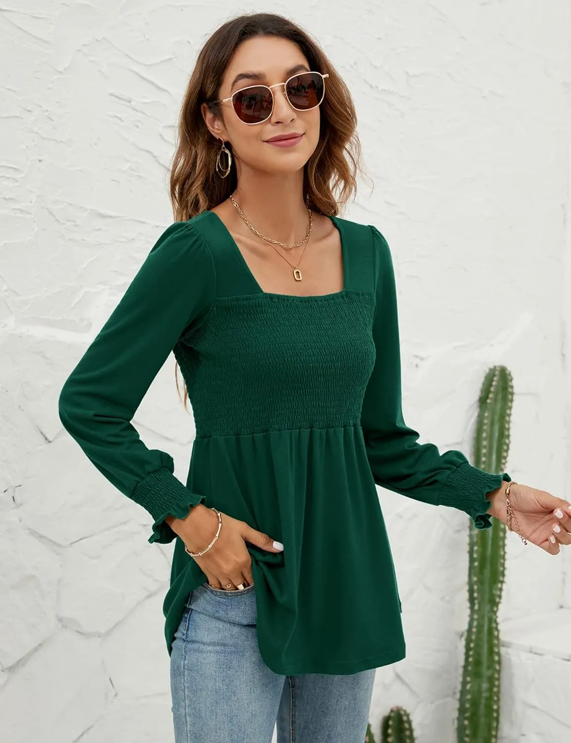 LOMON Blouses for Women Puff Long Sleeve Shirts Square Neck Casual Smocked Tunic Tops 2024 Spring Fall Winter Clothes S-XL