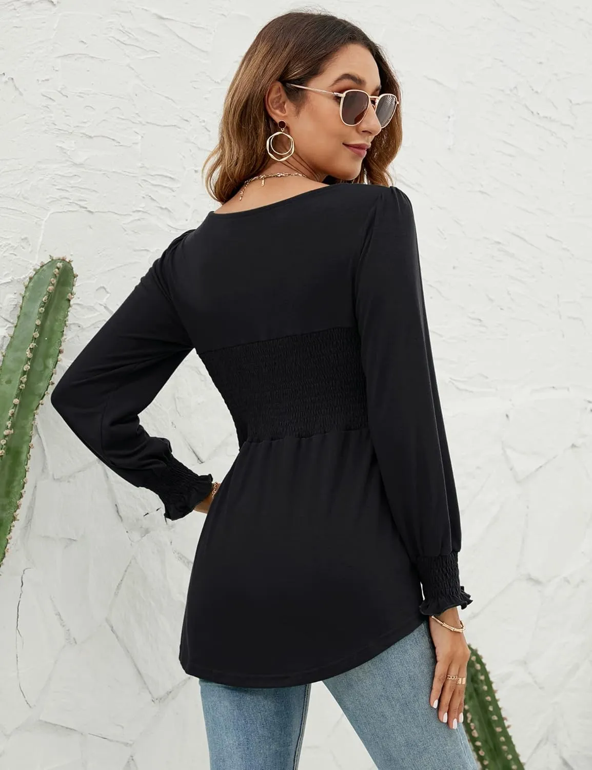 LOMON Blouses for Women Puff Long Sleeve Shirts Square Neck Casual Smocked Tunic Tops 2024 Spring Fall Winter Clothes S-XL