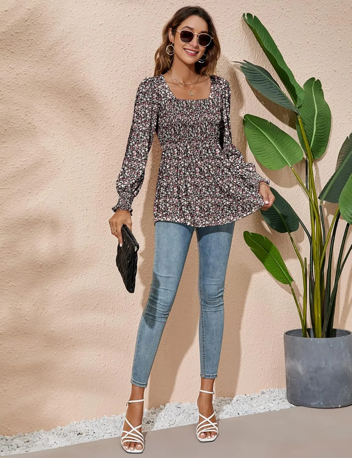 LOMON Blouses for Women Puff Long Sleeve Shirts Square Neck Casual Smocked Tunic Tops 2024 Spring Fall Winter Clothes S-XL