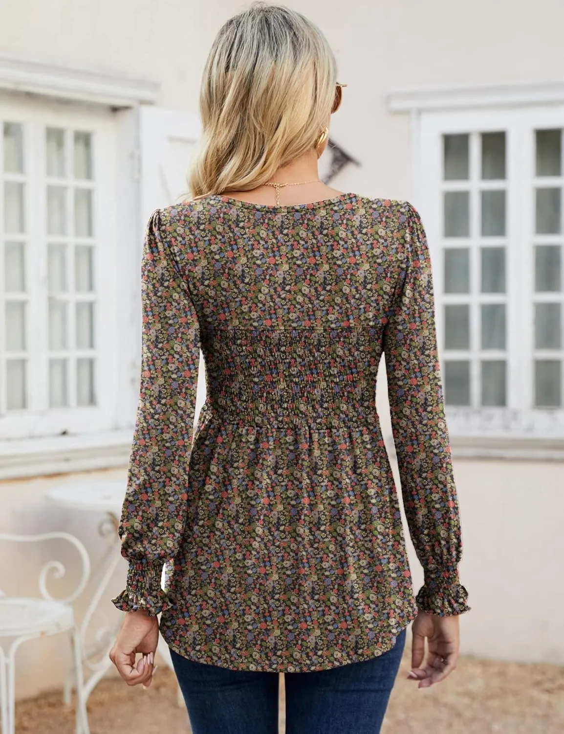LOMON Blouses for Women Puff Long Sleeve Shirts Square Neck Casual Smocked Tunic Tops 2024 Spring Fall Winter Clothes S-XL