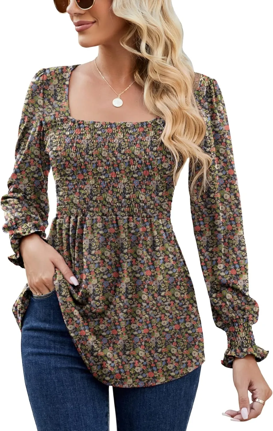 LOMON Blouses for Women Puff Long Sleeve Shirts Square Neck Casual Smocked Tunic Tops 2024 Spring Fall Winter Clothes S-XL