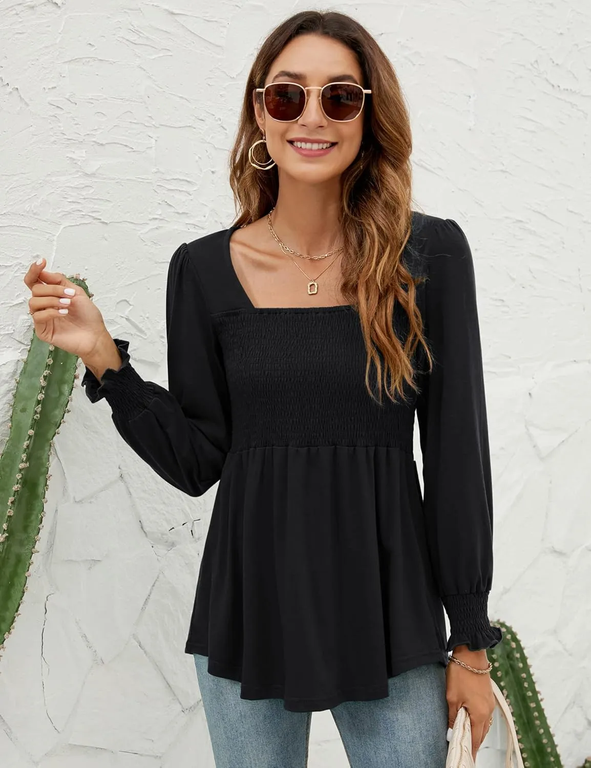 LOMON Blouses for Women Puff Long Sleeve Shirts Square Neck Casual Smocked Tunic Tops 2024 Spring Fall Winter Clothes S-XL