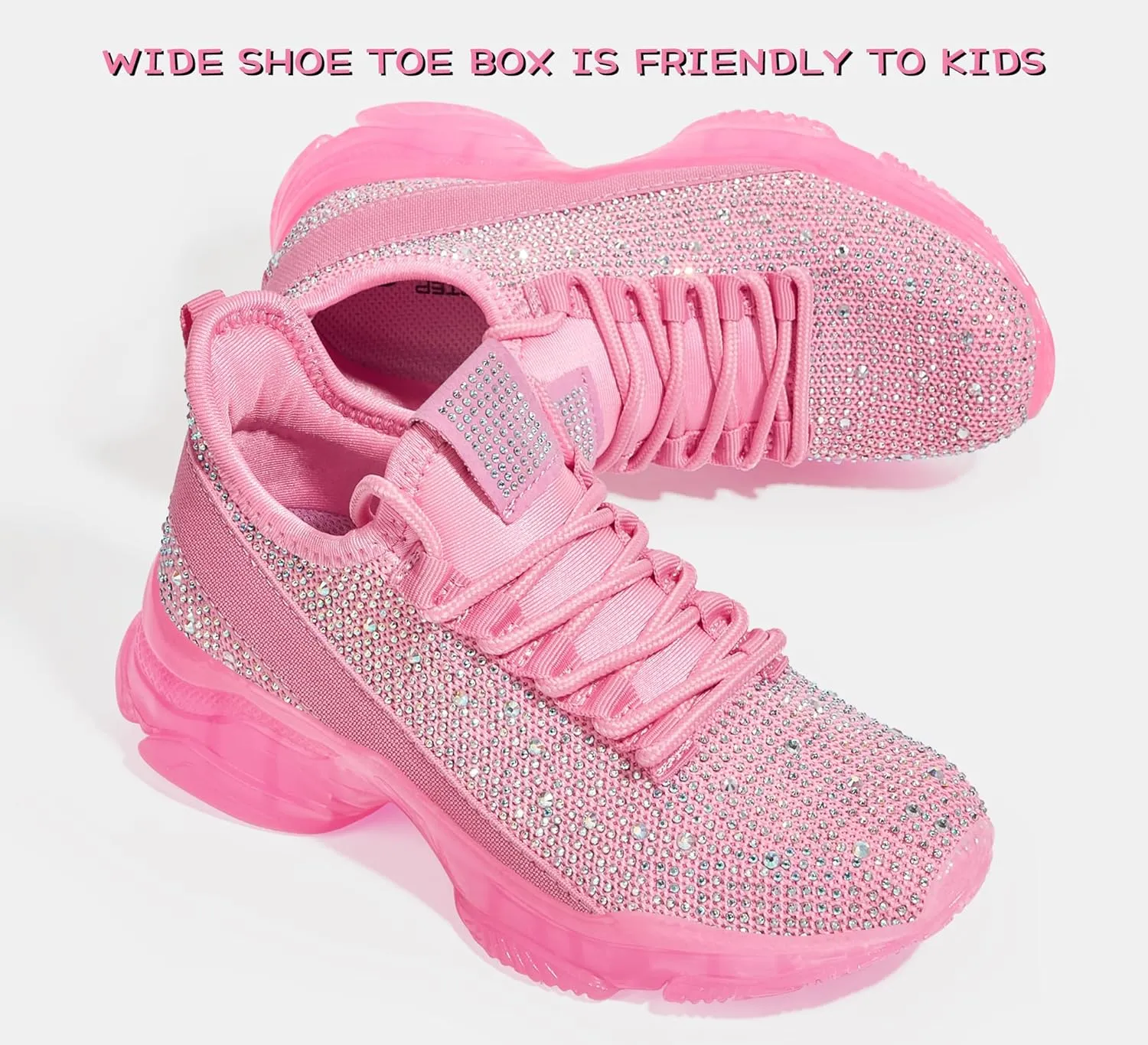 LUCKY STEP Girls Rhinestone Slip On Sneakers Kids Sparkly Lightweight Tennis School Knit Jelly Sole Glitter Walking Shoes Toddler