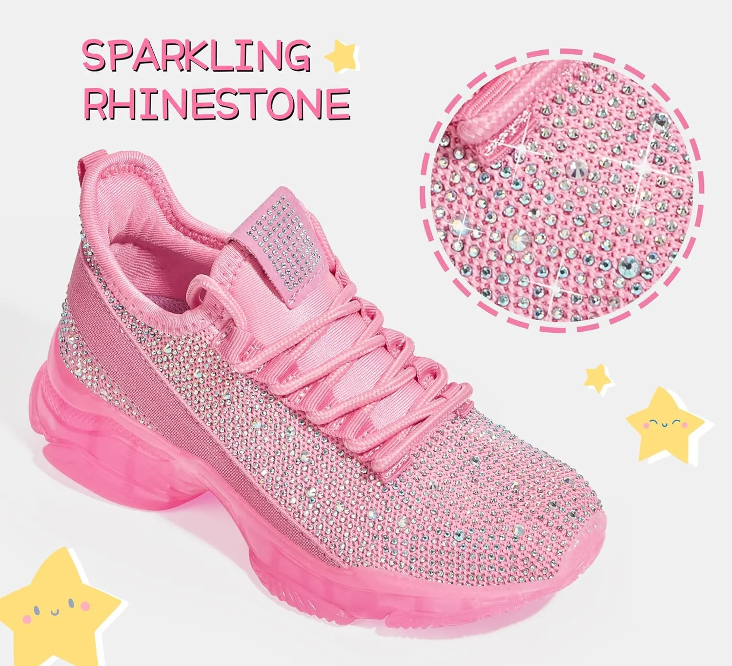 LUCKY STEP Girls Rhinestone Slip On Sneakers Kids Sparkly Lightweight Tennis School Knit Jelly Sole Glitter Walking Shoes Toddler
