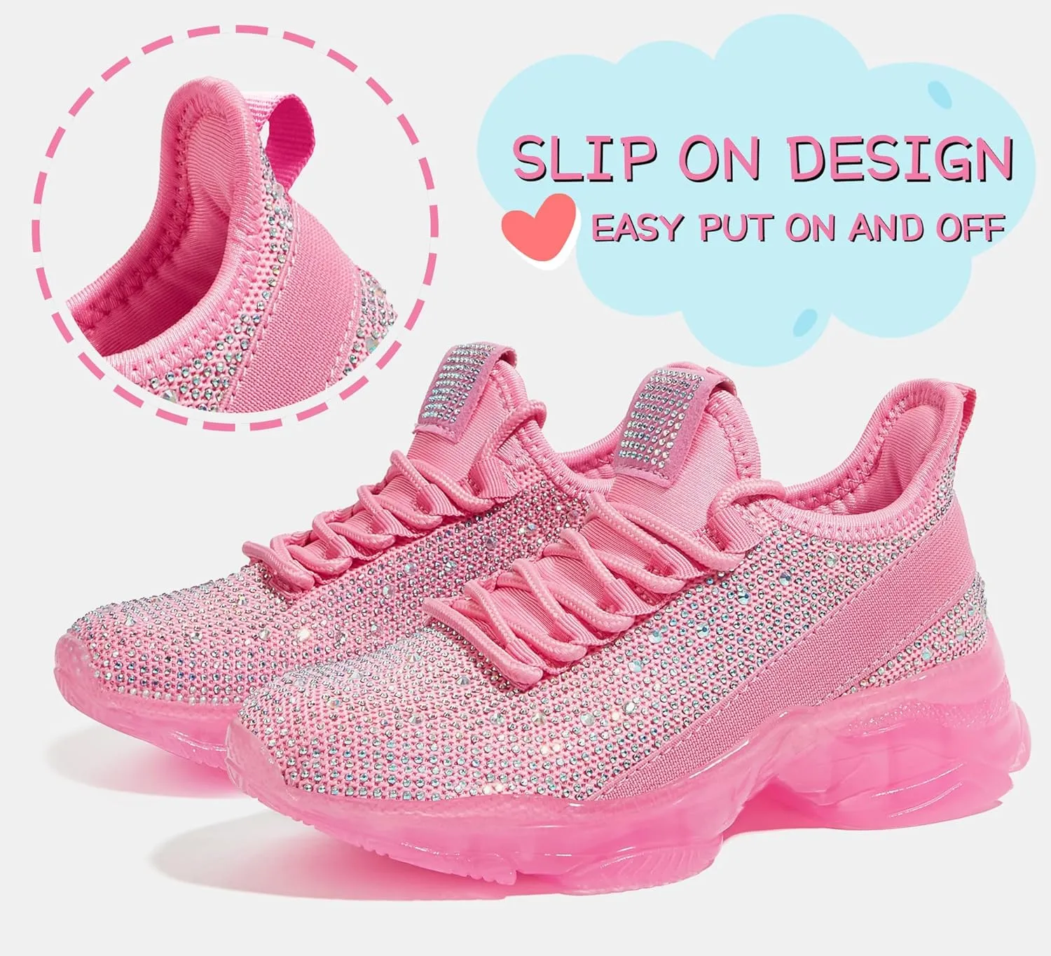 LUCKY STEP Girls Rhinestone Slip On Sneakers Kids Sparkly Lightweight Tennis School Knit Jelly Sole Glitter Walking Shoes Toddler