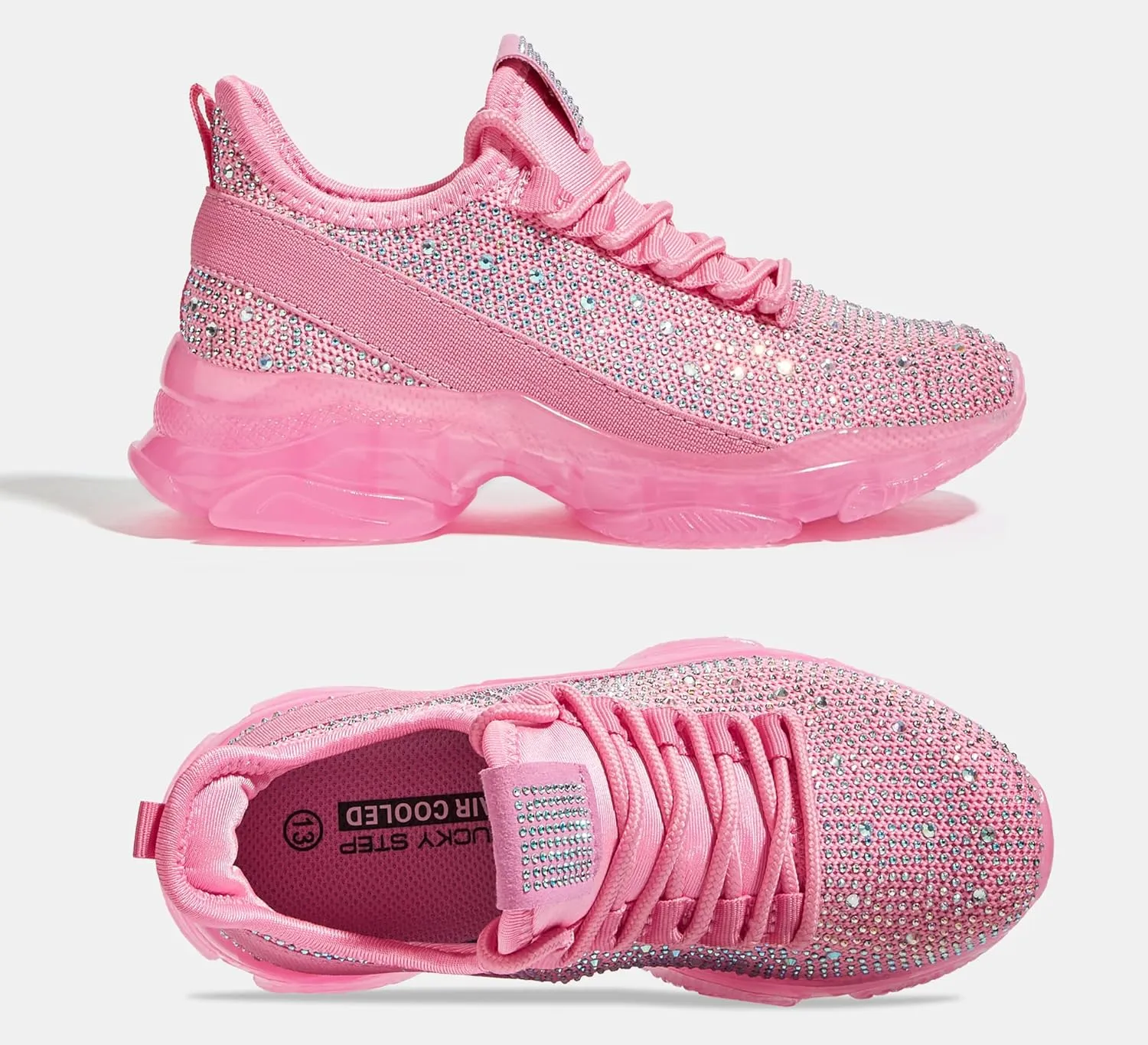 LUCKY STEP Girls Rhinestone Slip On Sneakers Kids Sparkly Lightweight Tennis School Knit Jelly Sole Glitter Walking Shoes Toddler