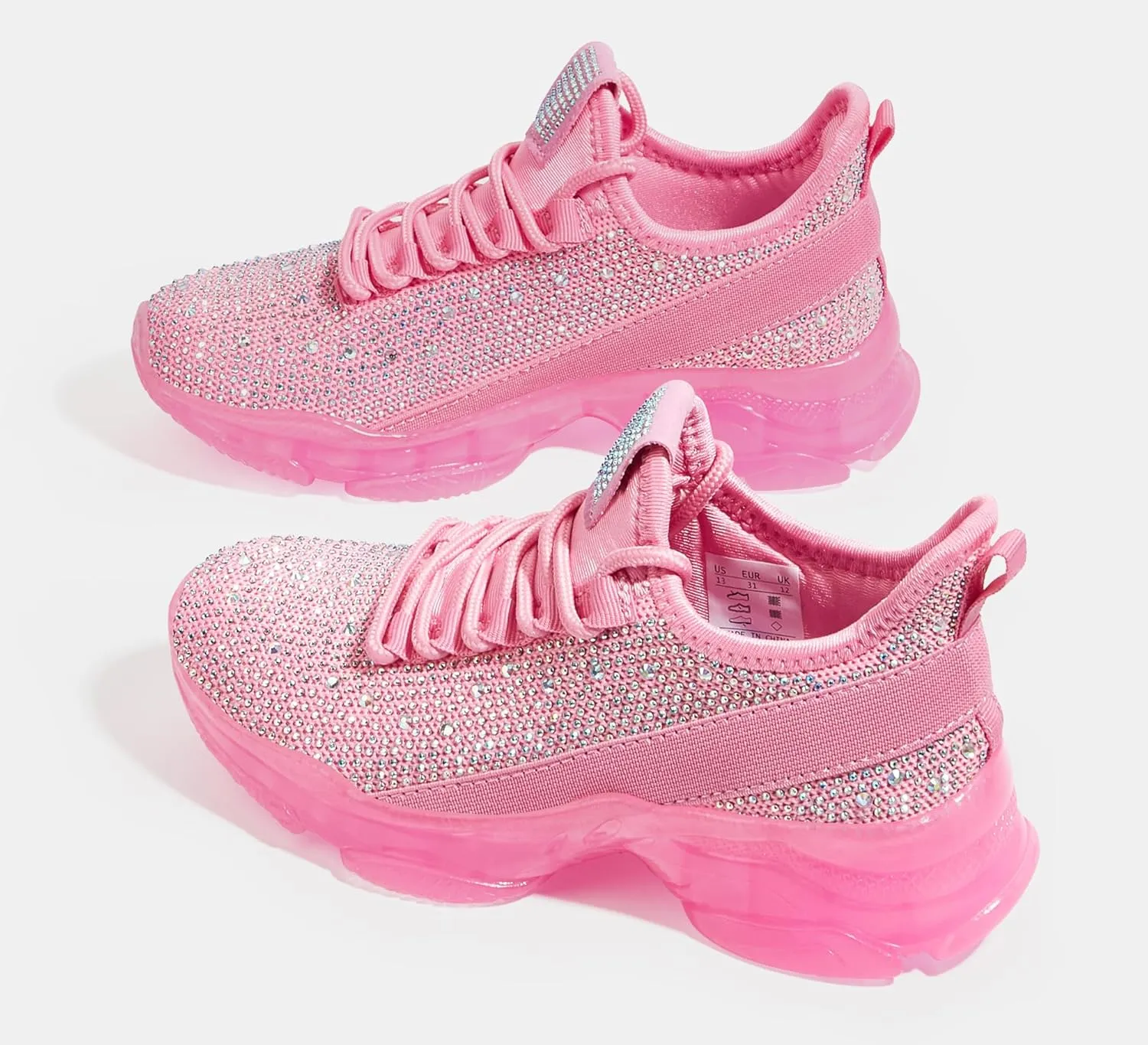 LUCKY STEP Girls Rhinestone Slip On Sneakers Kids Sparkly Lightweight Tennis School Knit Jelly Sole Glitter Walking Shoes Toddler