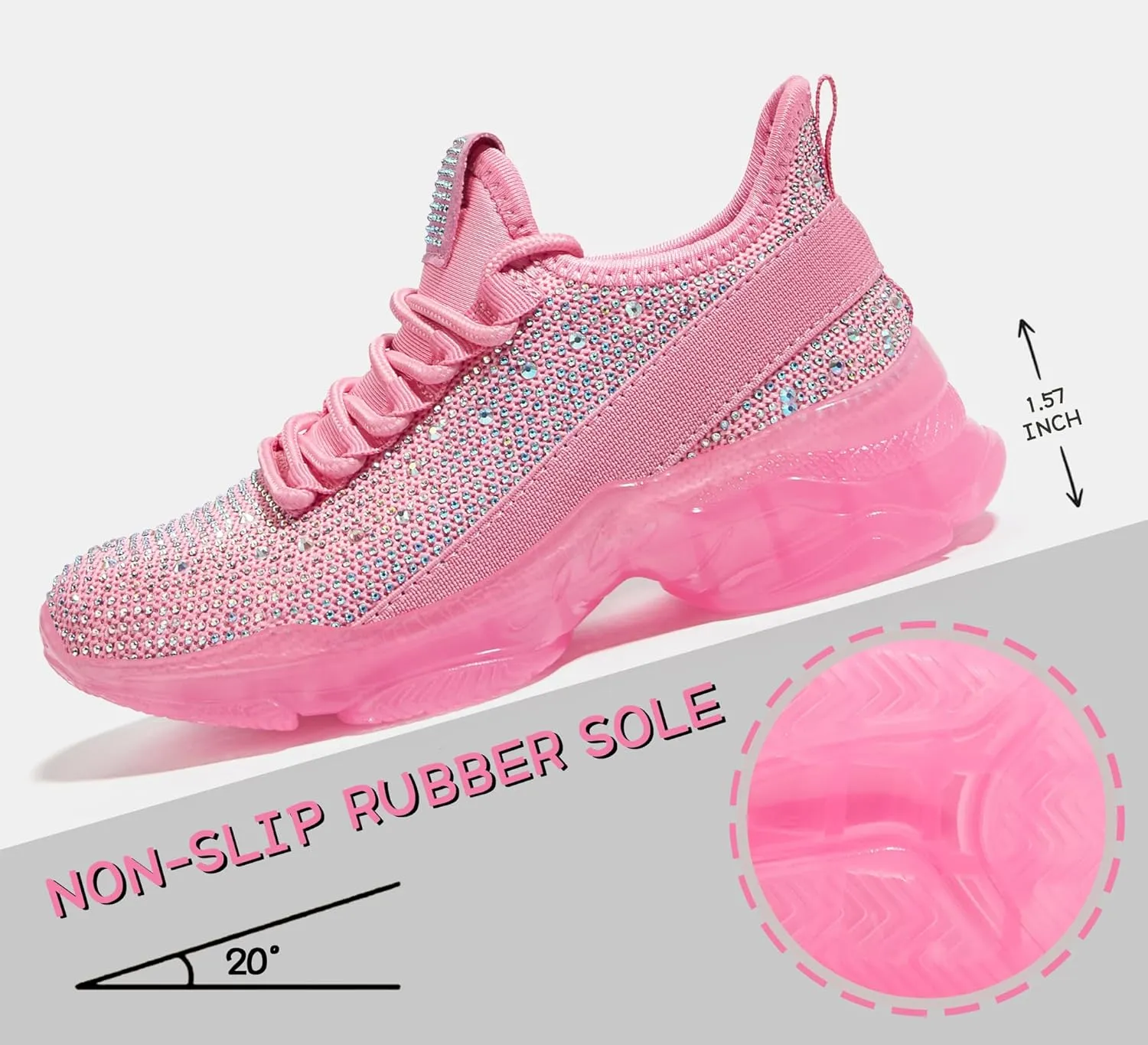 LUCKY STEP Girls Rhinestone Slip On Sneakers Kids Sparkly Lightweight Tennis School Knit Jelly Sole Glitter Walking Shoes Toddler