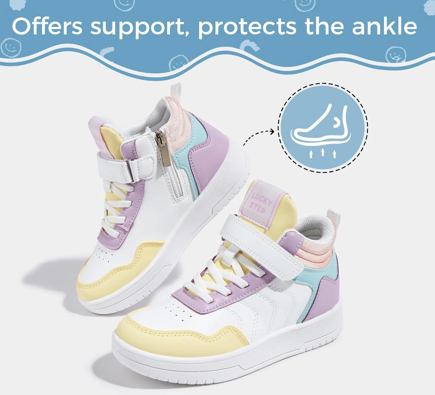 LUCKY STEP Kids High Top Sneakers Fashion Basketball Tennis Shoes Skyhigh Running Sports Ankle Boots Hook and Loop Casual Walking Shoe for Boys Girls