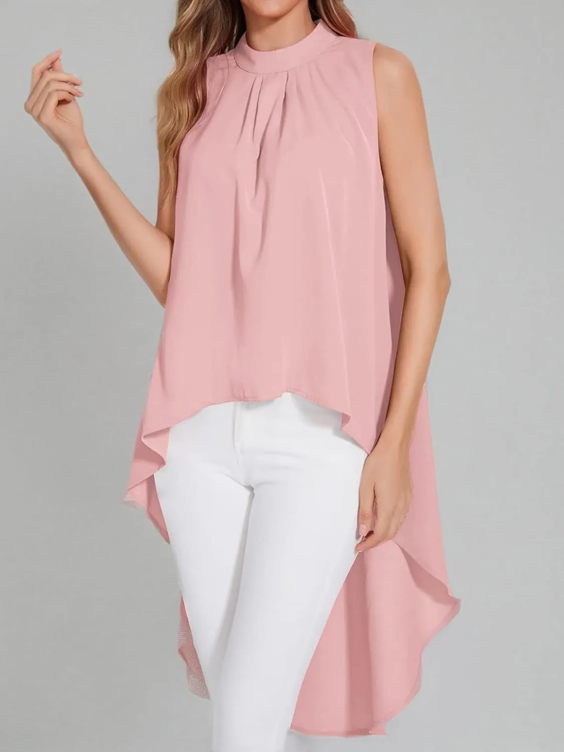 LYANER Women's Asymmetrical High Low Sleeveless Mock Neck Flowy Blouse Tops