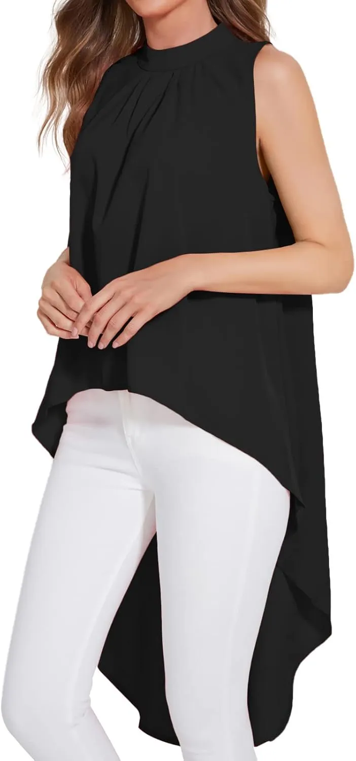 LYANER Women's Asymmetrical High Low Sleeveless Mock Neck Flowy Blouse Tops
