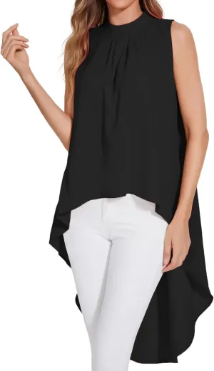 LYANER Women's Asymmetrical High Low Sleeveless Mock Neck Flowy Blouse Tops