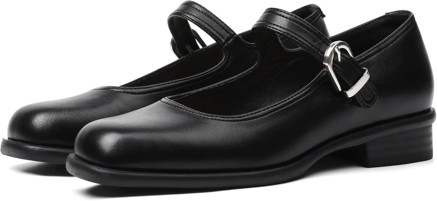 Mary Jane Flats with Adjustable Ankle Strap Womens Slip on Mary Janes Dressy Comfortable Square Toe Ballet Flats Shoes for Women Dance Shoes