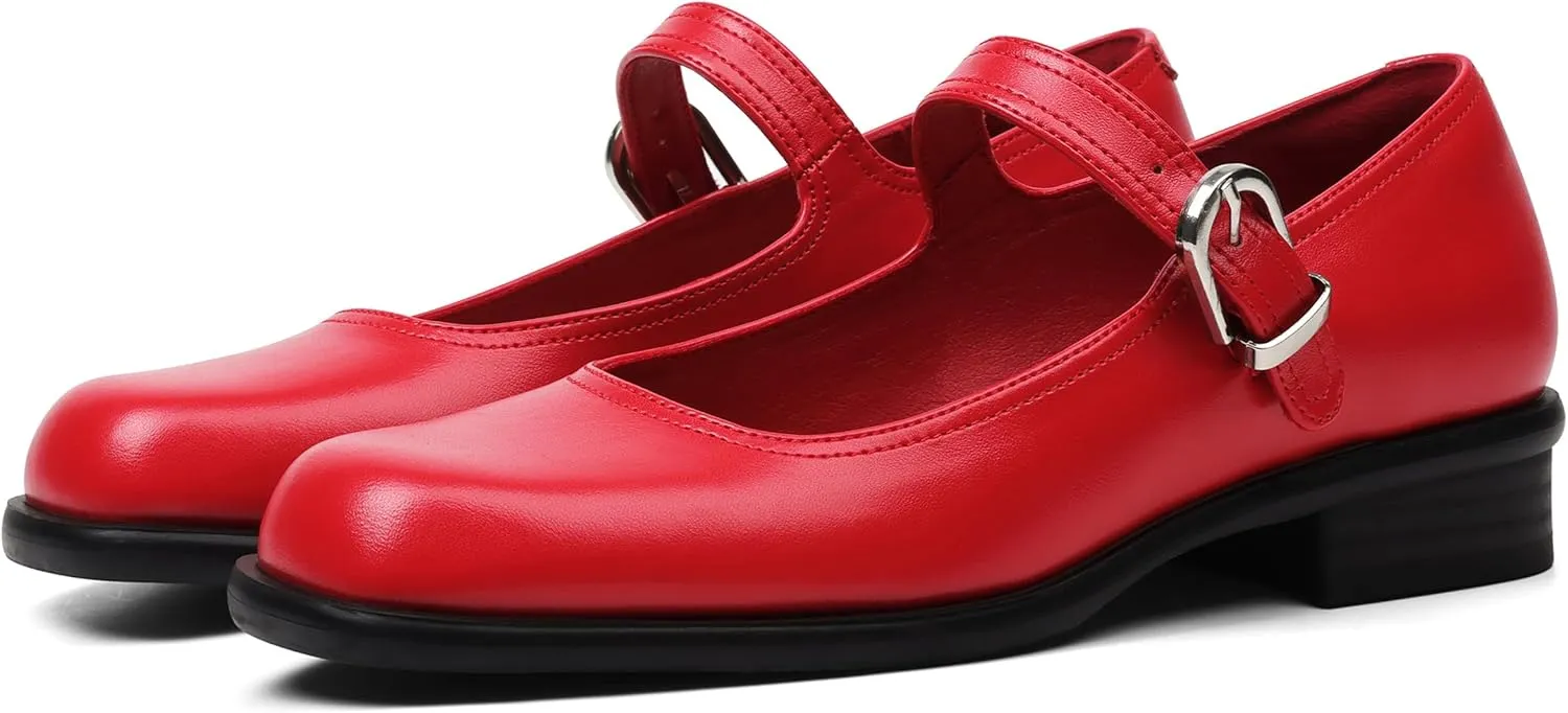 Mary Jane Flats with Adjustable Ankle Strap Womens Slip on Mary Janes Dressy Comfortable Square Toe Ballet Flats Shoes for Women Dance Shoes