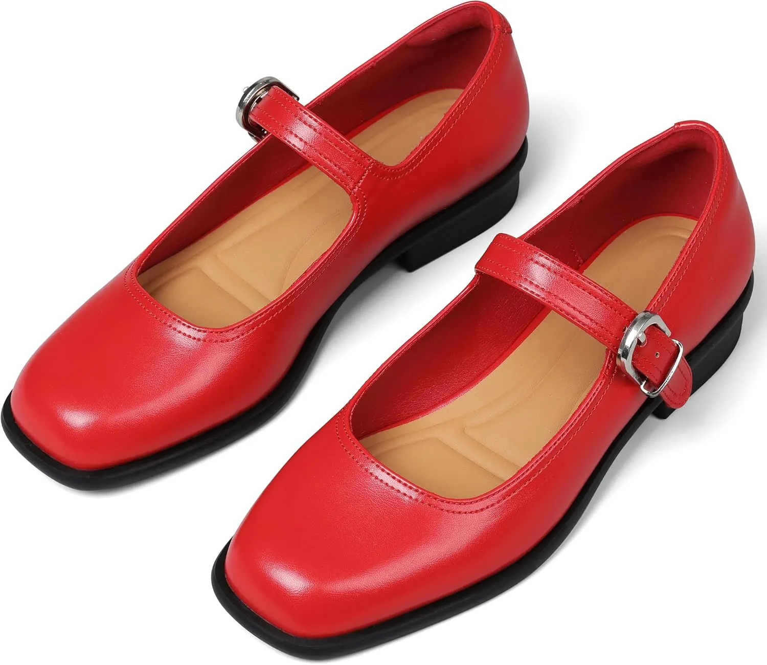 Mary Jane Flats with Adjustable Ankle Strap Womens Slip on Mary Janes Dressy Comfortable Square Toe Ballet Flats Shoes for Women Dance Shoes