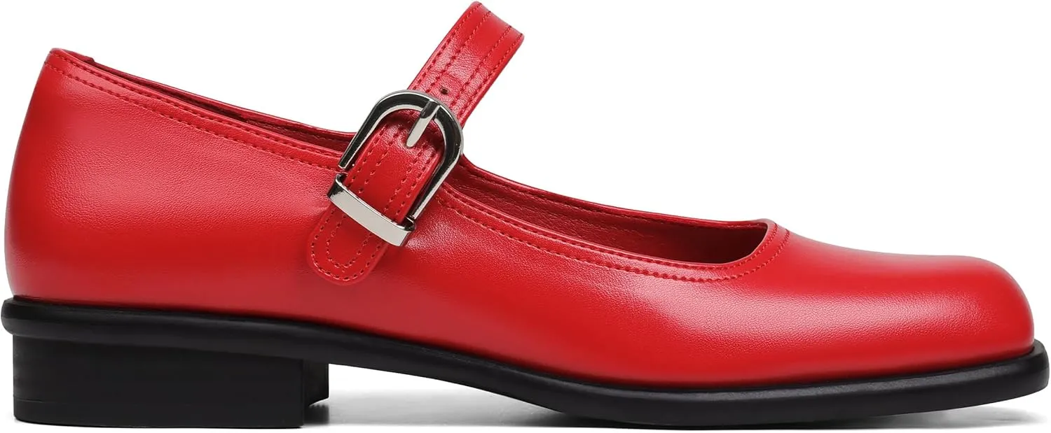 Mary Jane Flats with Adjustable Ankle Strap Womens Slip on Mary Janes Dressy Comfortable Square Toe Ballet Flats Shoes for Women Dance Shoes