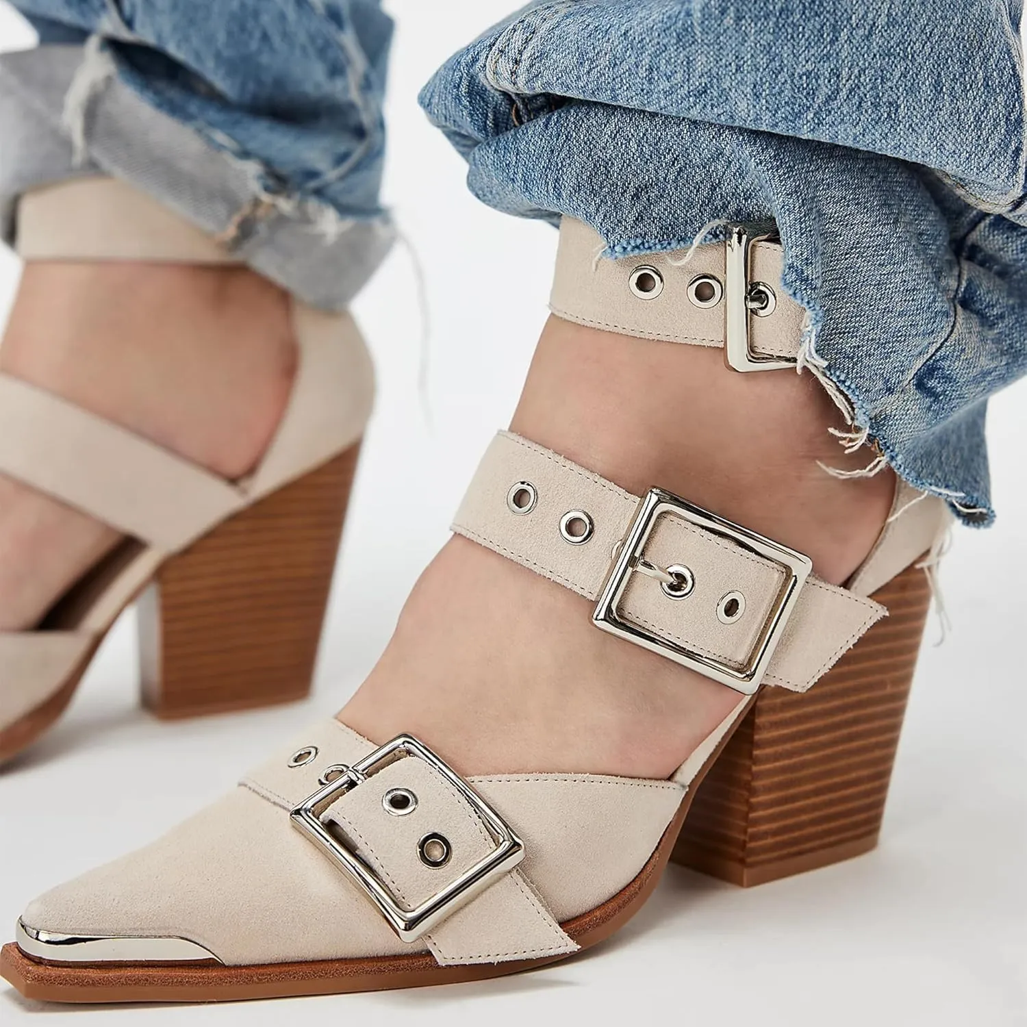 MAVMAX Buckle Shoes for Women Thick Closed Pointed Toe Heels Chunky High Heel Pumps Strappy Heels Western Sandals for Women