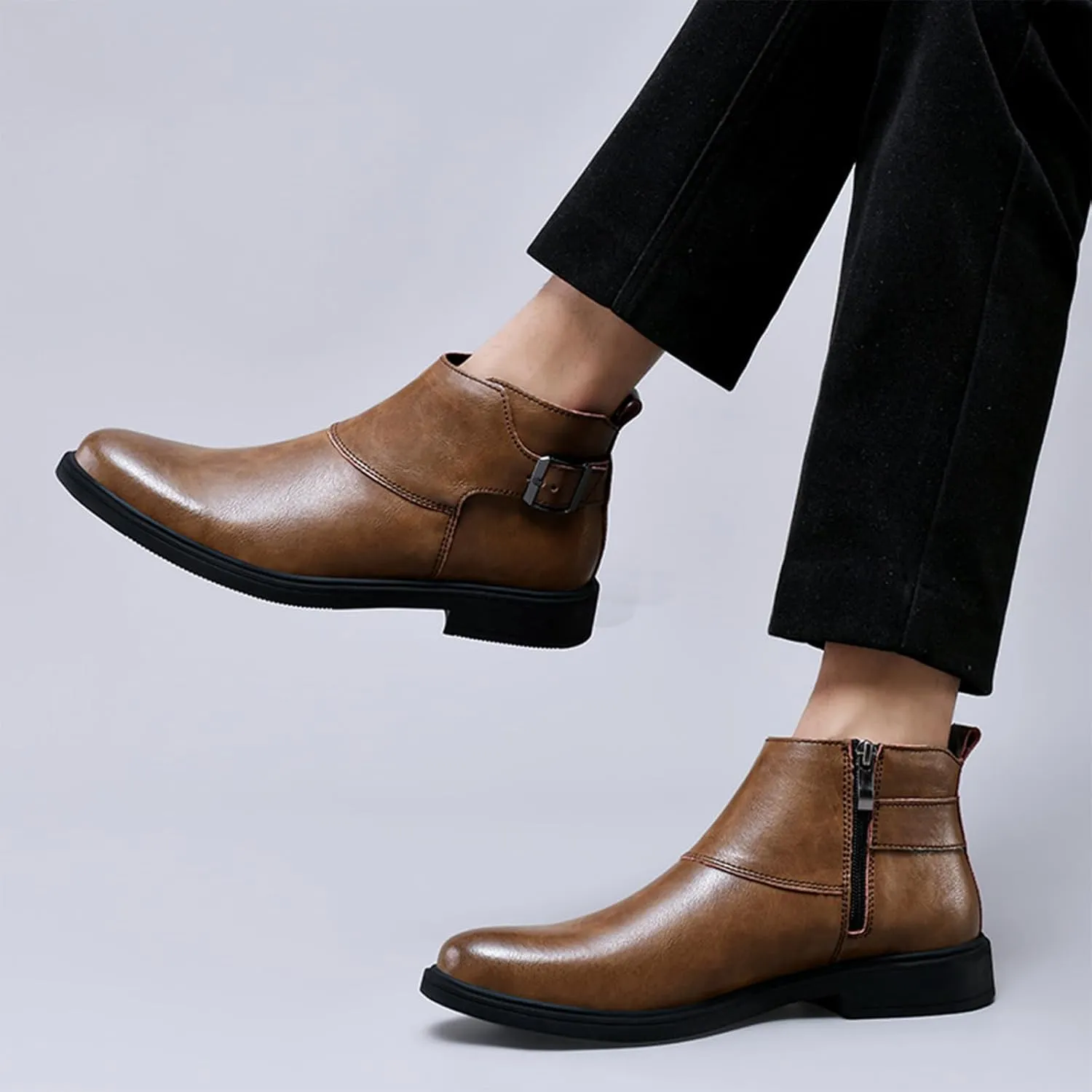 Men's Genuine Leather Pointed Toe Dress Chelsea Boots Adjustable Buckle Inner Zipper Ankle Boots Casual Formal Business Booties