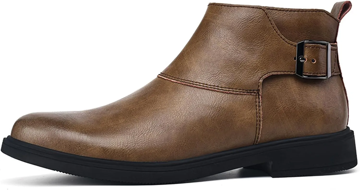 Men's Genuine Leather Pointed Toe Dress Chelsea Boots Adjustable Buckle Inner Zipper Ankle Boots Casual Formal Business Booties