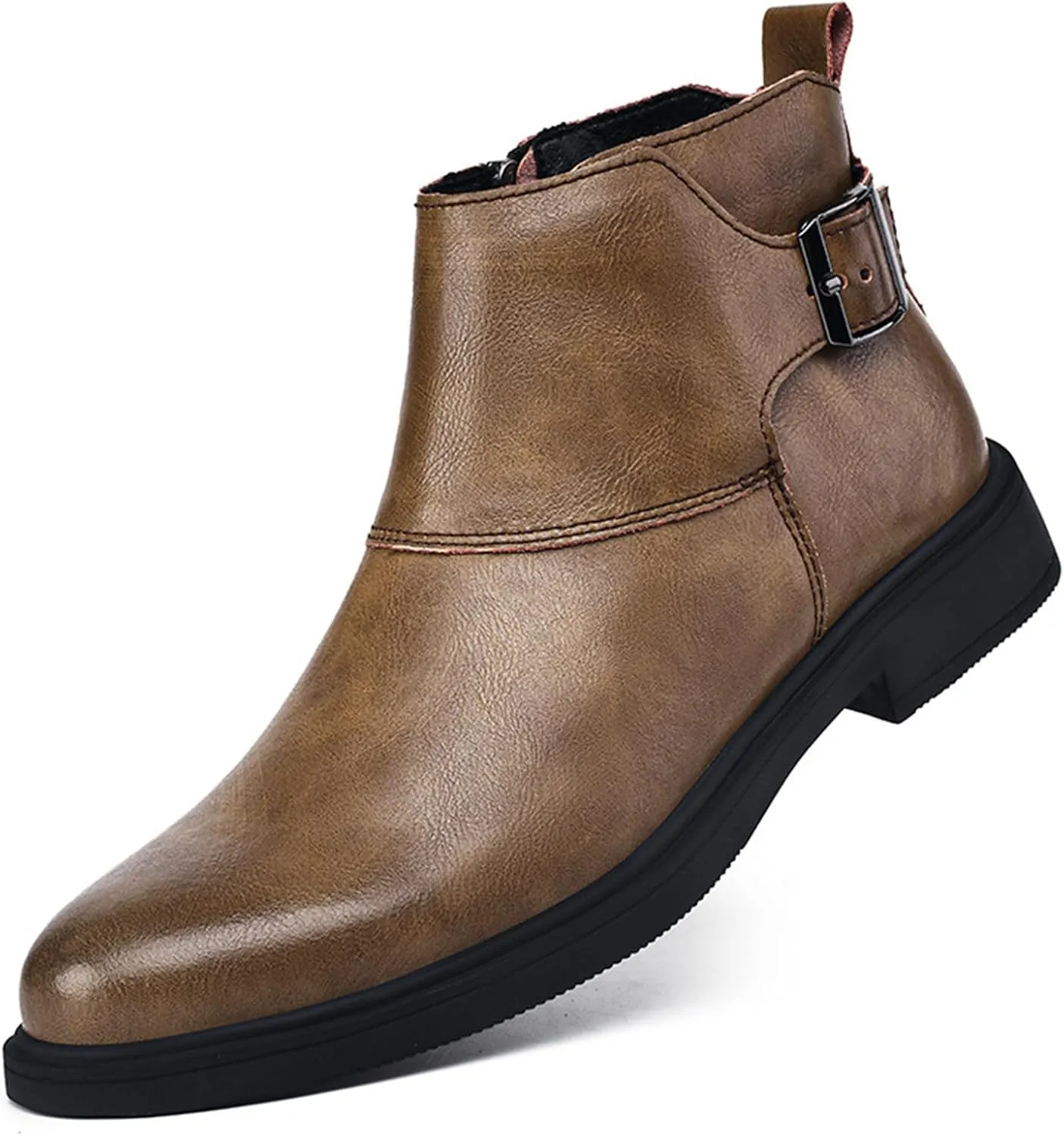 Men's Genuine Leather Pointed Toe Dress Chelsea Boots Adjustable Buckle Inner Zipper Ankle Boots Casual Formal Business Booties