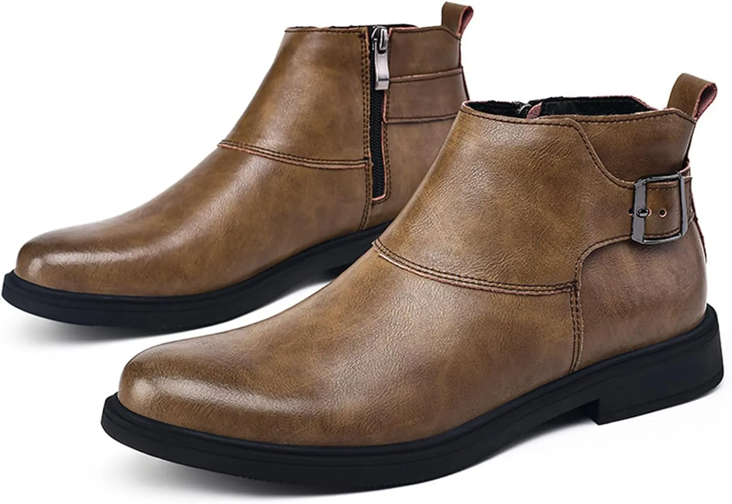 Men's Genuine Leather Pointed Toe Dress Chelsea Boots Adjustable Buckle Inner Zipper Ankle Boots Casual Formal Business Booties