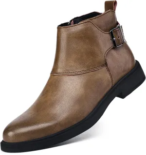 Men's Genuine Leather Pointed Toe Dress Chelsea Boots Adjustable Buckle Inner Zipper Ankle Boots Casual Formal Business Booties